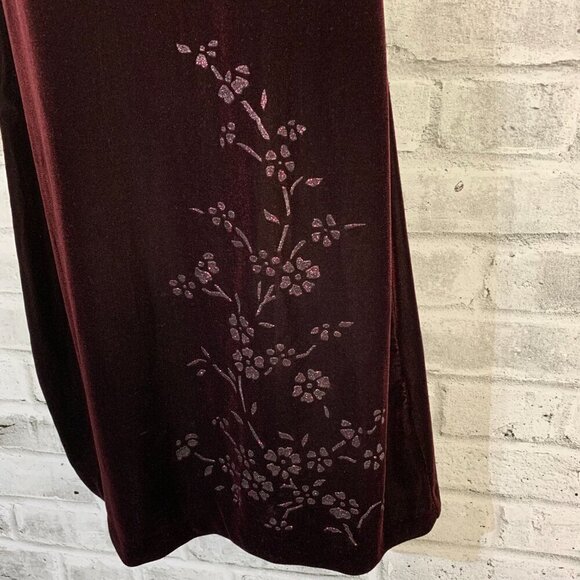 Vintage 90s Burgundy Velvet Floral Glitter Stretchy Sleeveless Sheath Dress - Picture 4 of 14